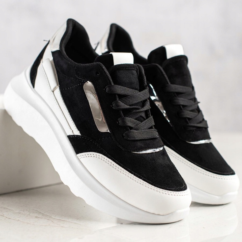 SHELOVET Zapatillas de gamuza con estilo blanco negro 1