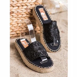 Seastar Chanclas de alpargatas en una plataforma de paja negro 2