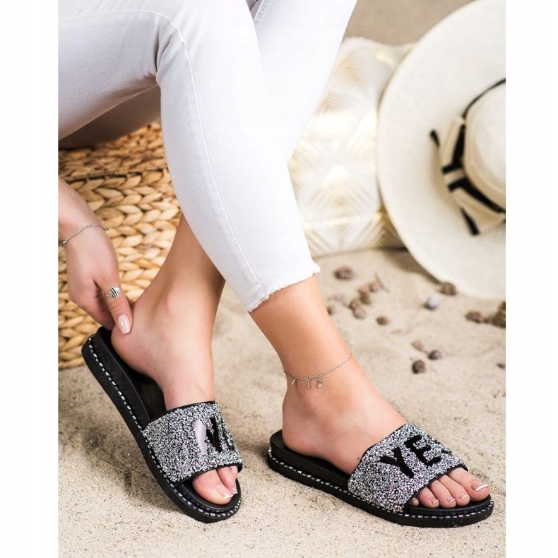 SHELOVET Chanclas de moda con cristales. negro plata 1