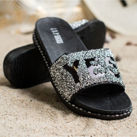 SHELOVET Chanclas de moda con cristales. negro plata 3
