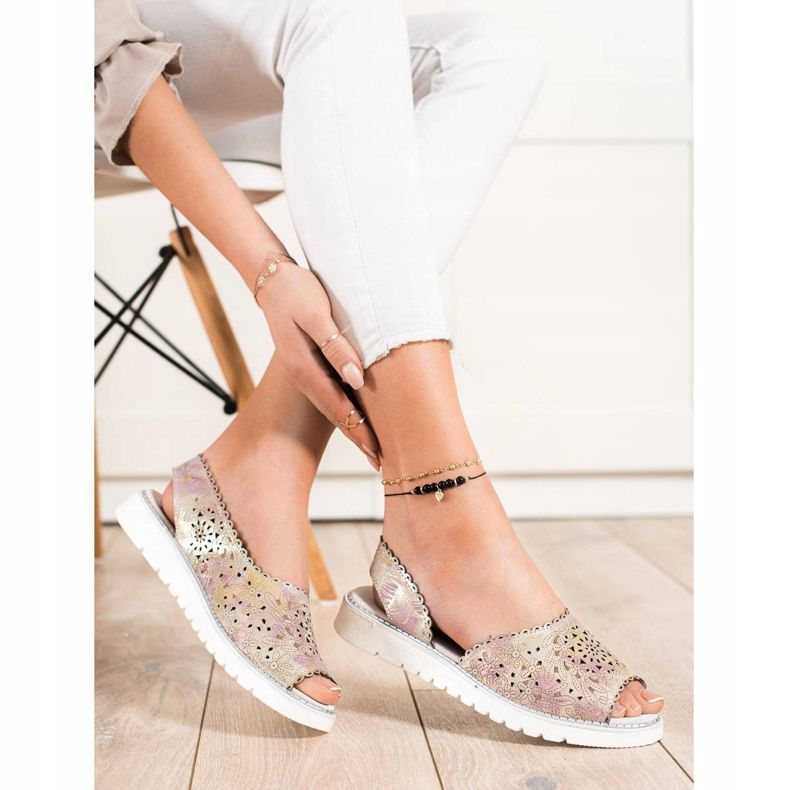 SHELOVET Sandalias de piel cómodas beige rosado dorado 1