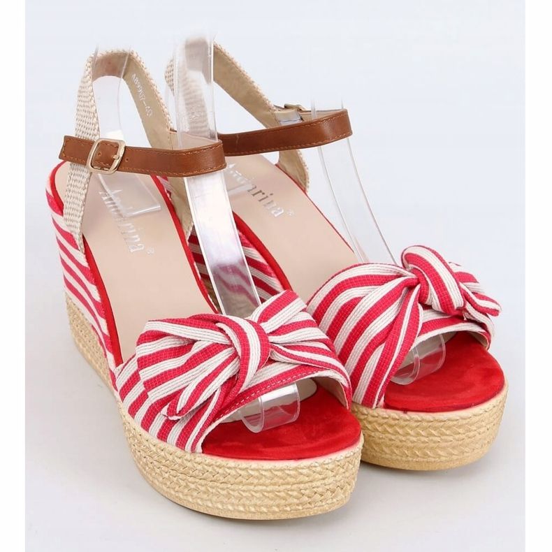 Sandalias de cuña de rayas rojas A89907 Rojo beige marrón 1