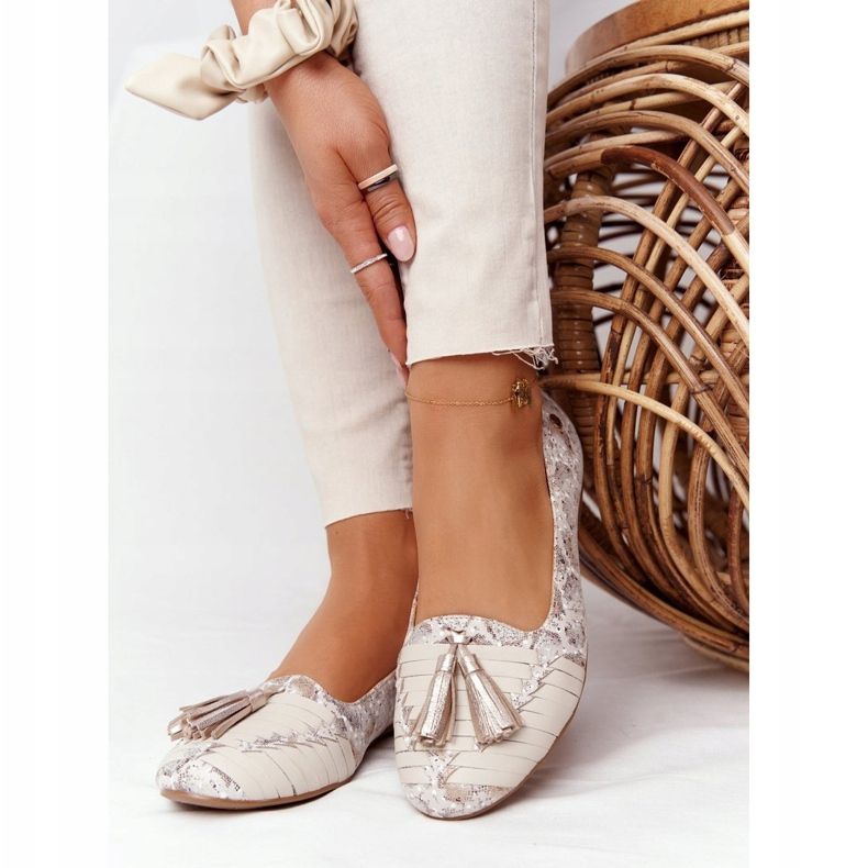 Bailarinas Piel Con Flecos Maciejka 04016-25 Beige-Dorado 2