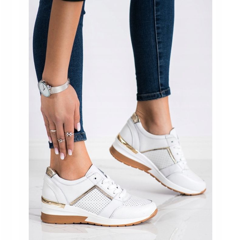 Goodin Zapatillas de cuero blancas blanco dorado 2