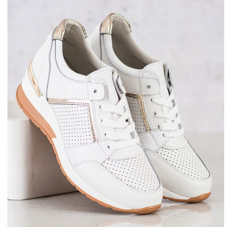 Goodin Zapatillas de cuero blancas blanco dorado 1