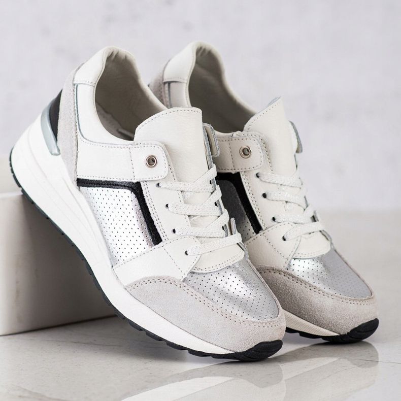 Goodin Zapatillas de cuero blancas y plateadas blanco negro plata gris 2