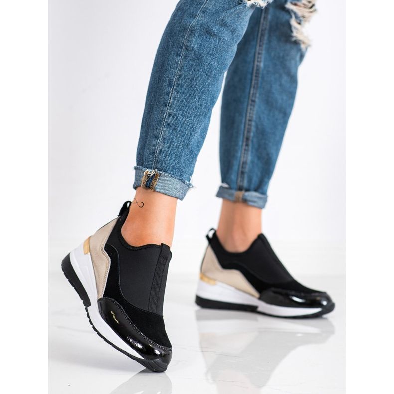 Goodin Zapatillas de cuero con cuña negro dorado 2