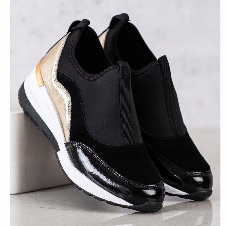 Goodin Zapatillas de cuero con cuña negro dorado 1