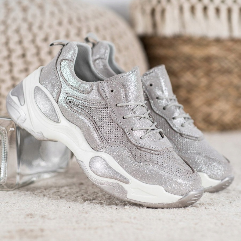 Goodin Zapatillas de cuero plata gris 2