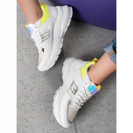 SHELOVET Zapatillas de deporte de cuero ecológico de moda blanco plata amarillo 2