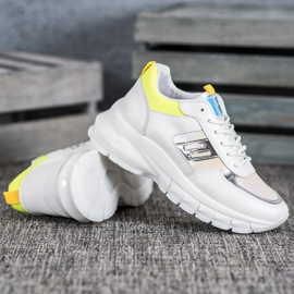 SHELOVET Zapatillas de deporte de cuero ecológico de moda blanco plata amarillo 3