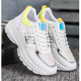 SHELOVET Zapatillas de deporte de cuero ecológico de moda blanco plata amarillo 4