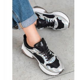 SHELOVET Zapatillas de moda con efecto holo negro plata 1