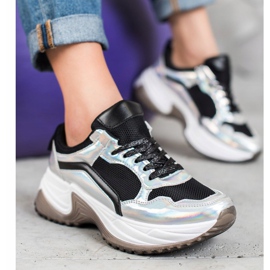 SHELOVET Zapatillas de moda con efecto holo negro plata 4