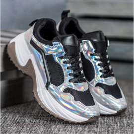 SHELOVET Zapatillas de moda con efecto holo negro plata 3