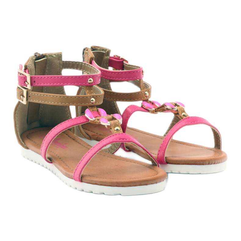 American Club Sandalias de gladiador, zapatos para niños en la cremallera rosa americana. marrón blanco 4