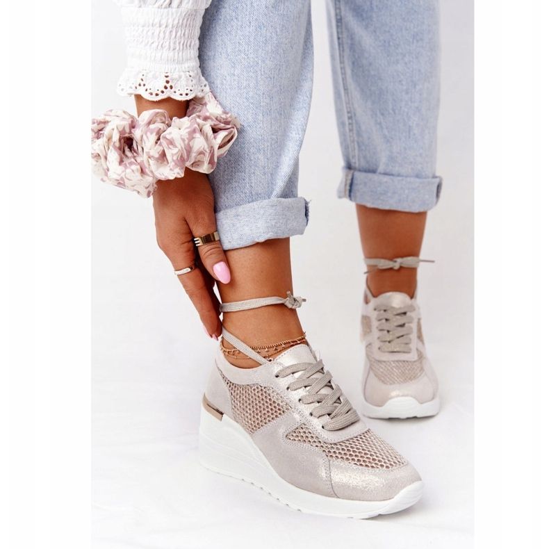 Deportivas Cuña De Piel Con Malla S.Barski Dorado 2