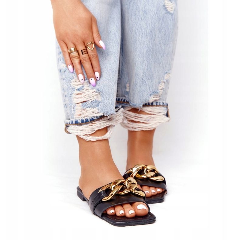 Zapatillas Piel Con Cadena Beso Francés Negro dorado 3