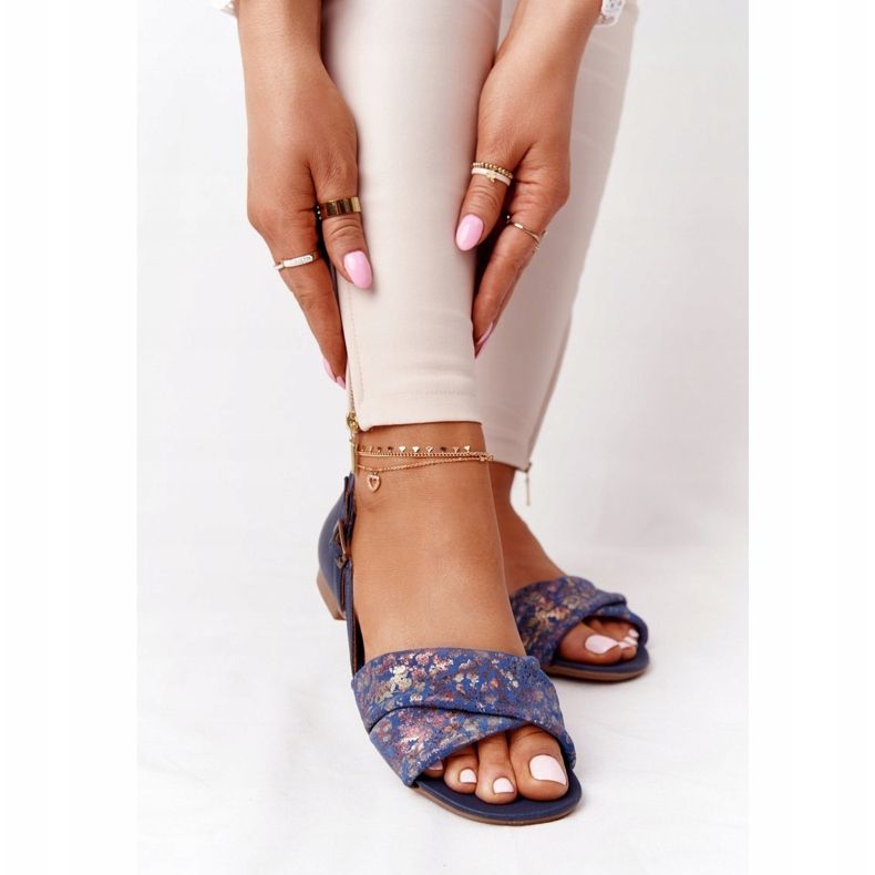 Sandalias Piel Con Flores Maciejka 04614-43 Azul Marino dorado 1