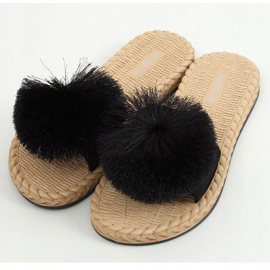 Black S-410 Pantuflas negras con pompón negro 1 Black S-410 Pantuflas negras con pompón negro 1