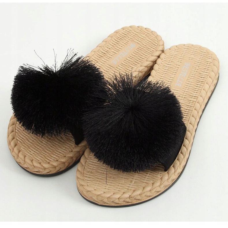 Black S-410 Pantuflas negras con pompón negro 1 Black S-410 Pantuflas negras con pompón negro 1