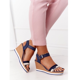PG1 Sandalias de cuña tropical azul marino beige marrón 4