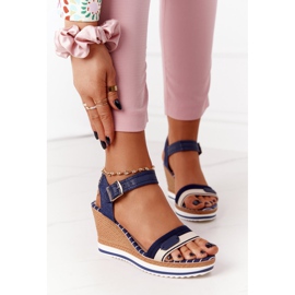 PG1 Sandalias de cuña tropical azul marino beige marrón 2