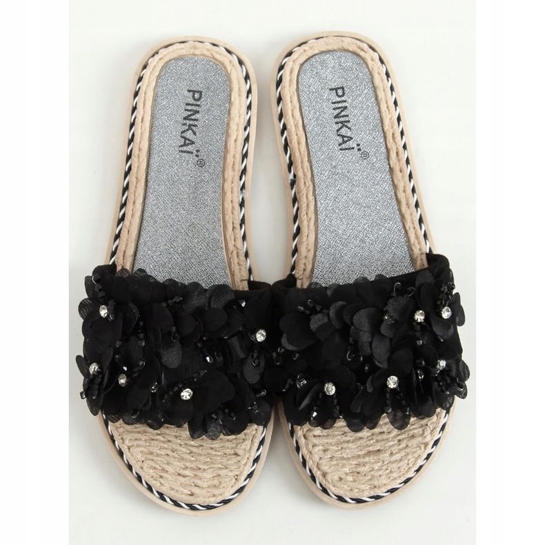 Negro LS003 Pantuflas negras con flores 1