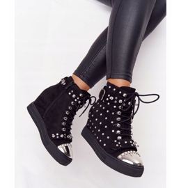 Botas de cuña Lu Boo negras de ante negro con diamantes de imitación 1