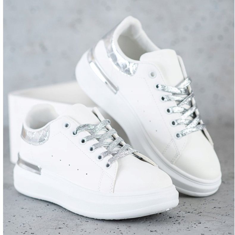 SHELOVET Zapatillas con cordones de purpurina blanco 2