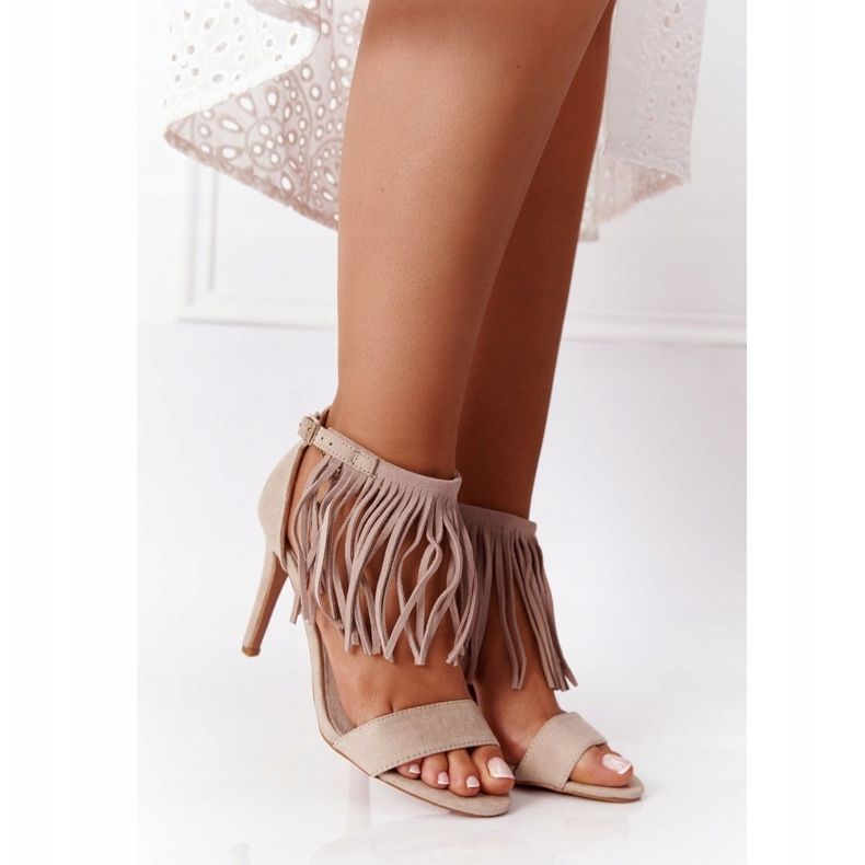 S.Barski Sandalias De Ante De Tacón Alto Con Flecos Beige Boho Swing 1