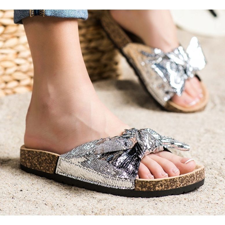 SHELOVET Zapatillas brillantes con lazo plata 1