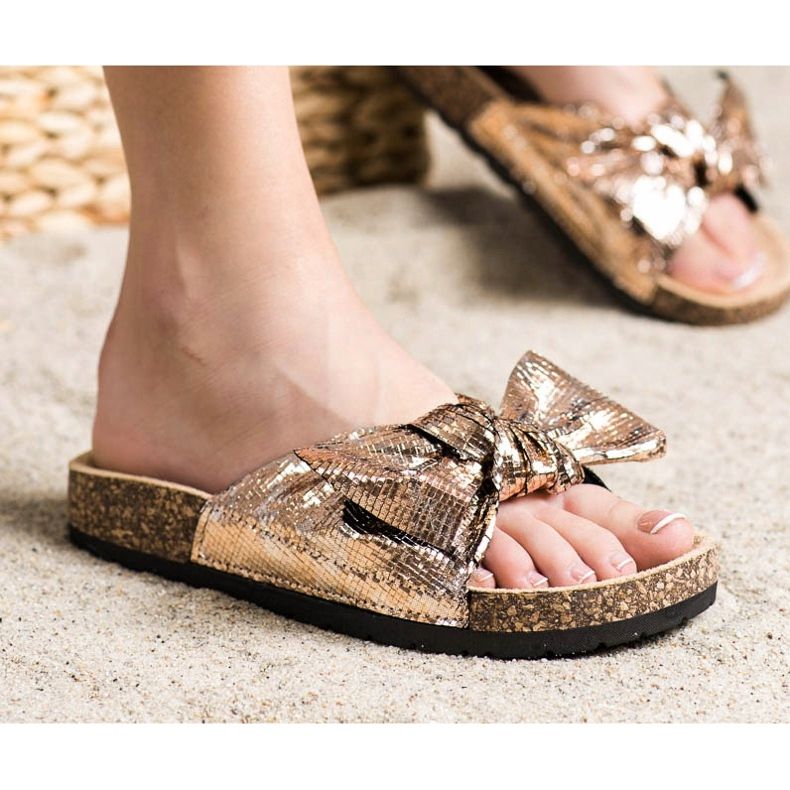 SHELOVET Zapatillas brillantes con lazo dorado 1