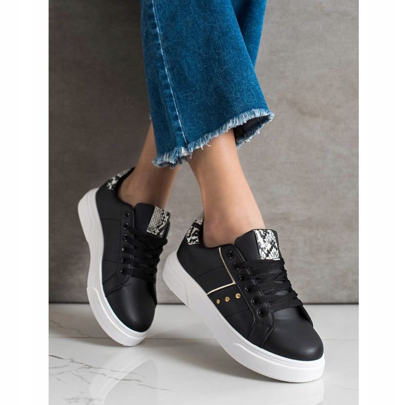 SHELOVET Zapatillas de cuero ecológico negro 2