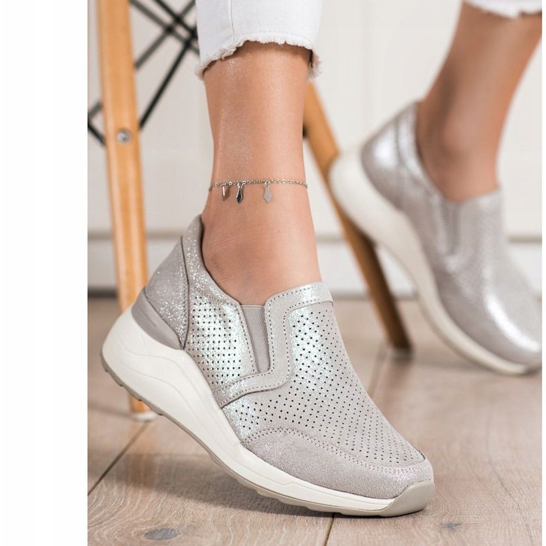 Goodin Zapatillas de cuero con purpurina beige 2