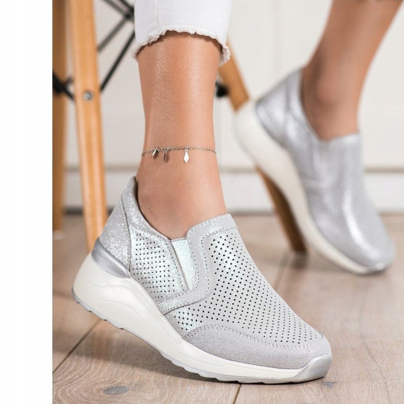 Goodin Zapatillas de cuero con purpurina gris 1