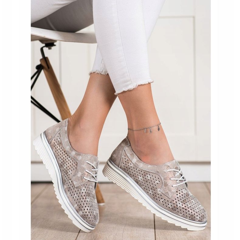 Goodin Zapatos de piel calada beige marrón dorado 1