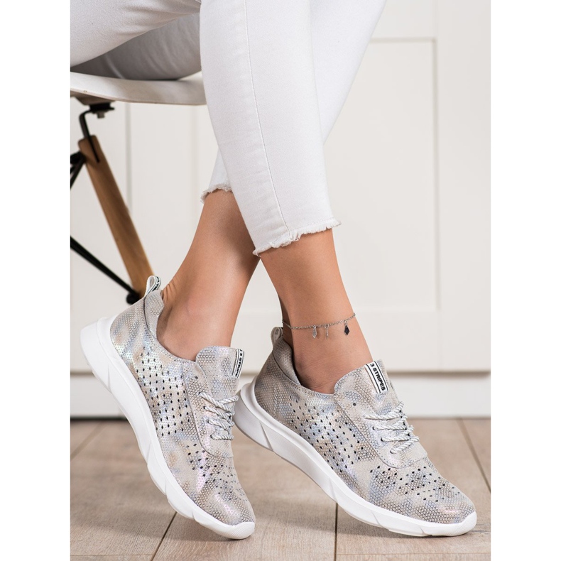 Goodin Zapatillas de cuero brillante beige gris dorado 2