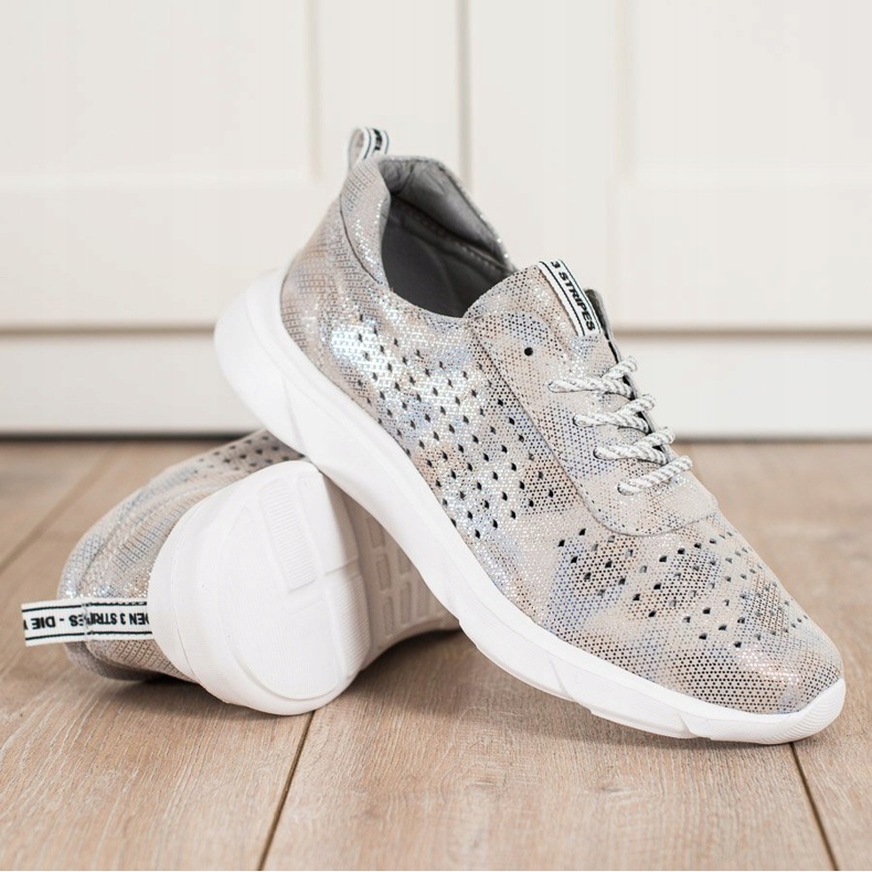 Goodin Zapatillas de cuero brillante beige gris dorado 1