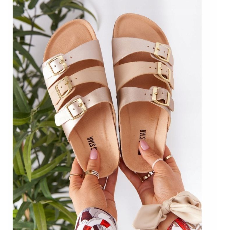 Pantuflas de Piel Perfilada Big Star HH274585 Beige y Dorado 1