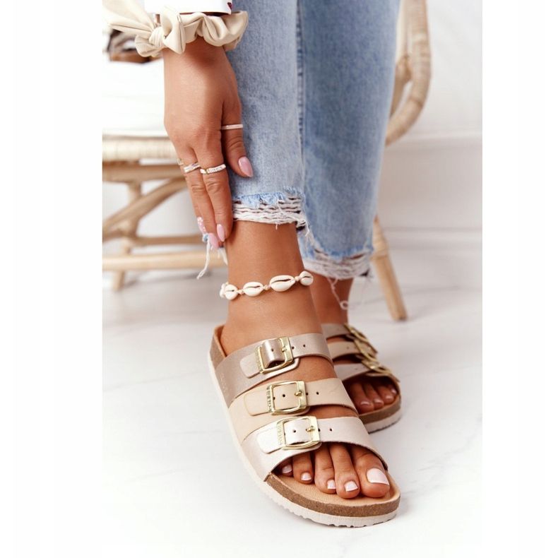 Pantuflas de Piel Perfilada Big Star HH274585 Beige y Dorado 2