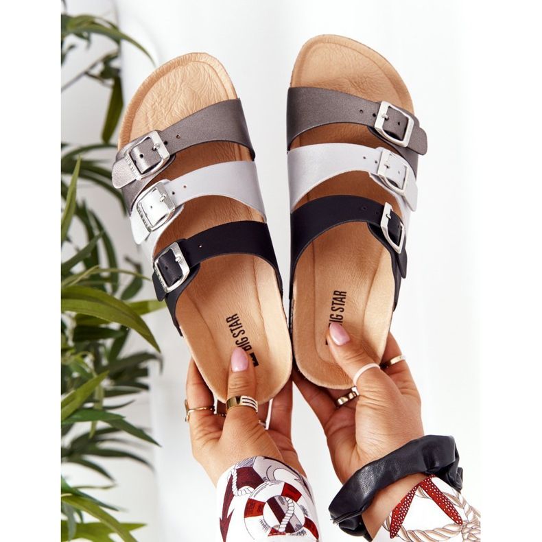 Pantuflas de piel perfilada Big Star HH274588 Negro y Plata 1