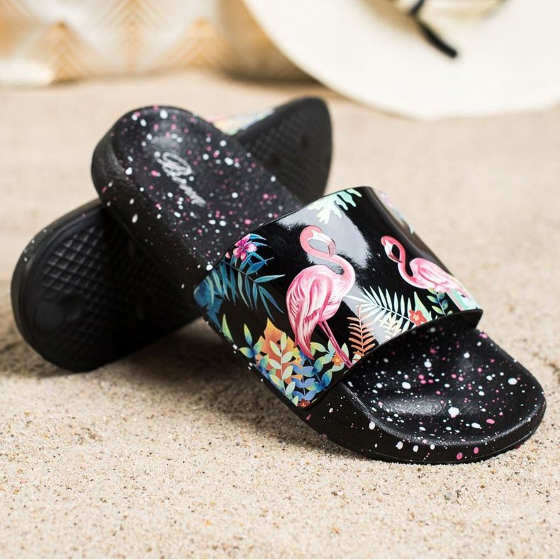 Bona Chanclas de moda con un flamenco negro multicolor 1