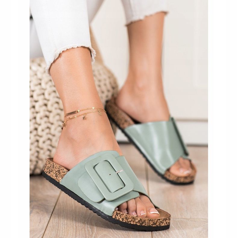 SHELOVET Pantuflas Eco Piel Con Hebilla verde 1