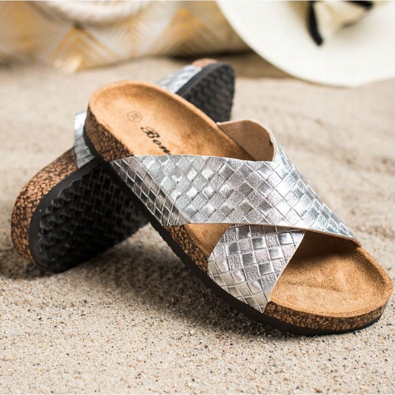 Bona Zapatillas cómodas de piel ecológica plata 1