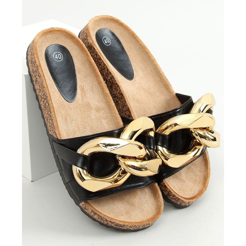 Pantuflas negras con cadena gruesa negra CK201 Negra negro 1