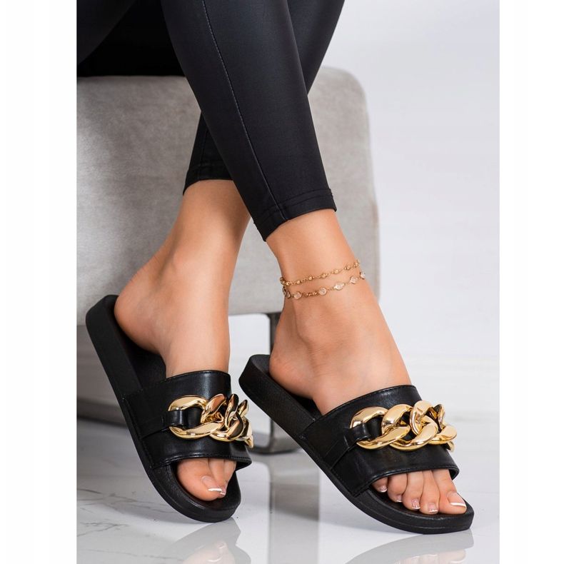 SHELOVET Pantuflas Negras Con Adorno negro 2