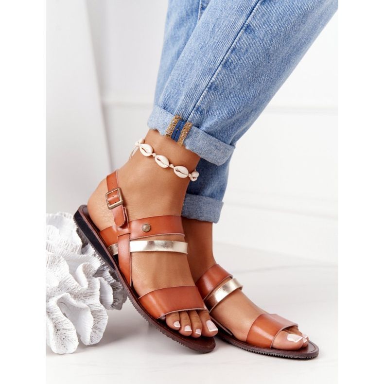 PE1 Sandalias planas de mujer, marrón y dorado Doris 2