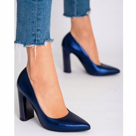 Marco Shoes Un elegante salón de piel azul marino metalizado con un tacón más alto 4