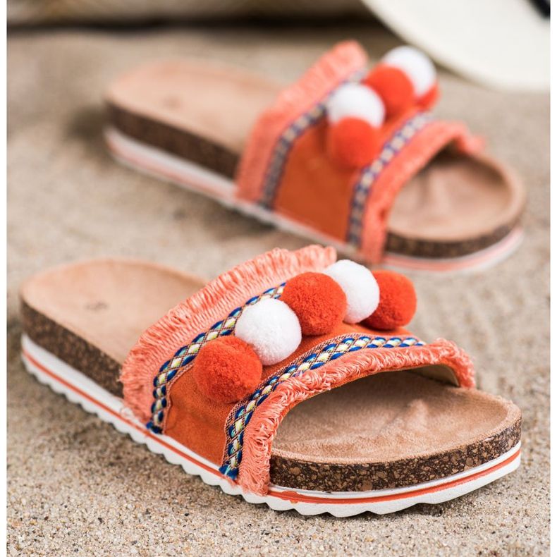 SHELOVET Zapatillas de moda con pompones naranja 1